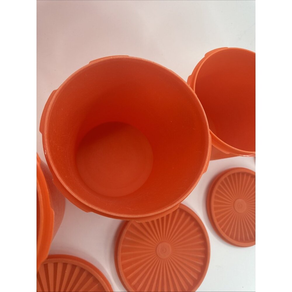 Vintage Tupperware Harvest Orange Servalier Canisters Set Of 4 w/ Sunburst Lids - Picture 6 of 13